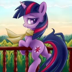 Size: 600x600 | Tagged: safe, artist:rainbow, derpibooru import, twilight sparkle, unicorn twilight, pony, unicorn, balcony, bedroom eyes, clothes, female, forest, looking at you, mare, plot, profile, scarf, solo, twibutt