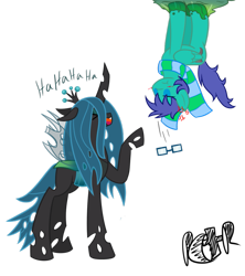 Size: 843x948 | Tagged: safe, artist:tria04, queen chrysalis, oc, oc:zephyr storm(mcgack), changeling, changeling queen, pegasus, pony, upside down