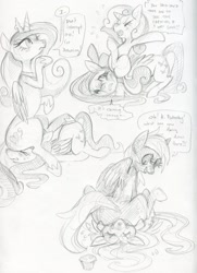 Size: 1280x1767 | Tagged: safe, artist:purplekecleon, derpy hooves, fluttershy, princess cadance, sweetie belle, alicorn, pegasus, pony, blushing, comic, doormat, facesitting, female, flutterseat, mare, monochrome, muffin