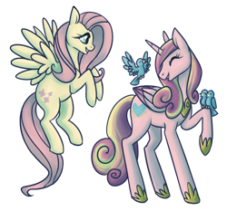 Size: 890x828 | Tagged: safe, artist:voyeurs, fluttershy, princess cadance, alicorn, bird, pegasus, pony, happy, smiling