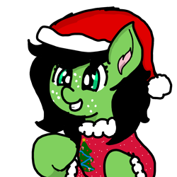 Size: 1440x1440 | Tagged: safe, artist:scotch, oc, oc only, oc:anon filly, christmas, christmas jumper, clothes, female, filly, hat, holiday, jumper, santa hat, simple background, smiling, solo, sweater, transparent background