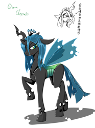 Size: 760x1024 | Tagged: safe, artist:bloodycat, queen chrysalis, changeling, changeling queen, japanese, pixiv, solo