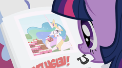 Size: 992x557 | Tagged: safe, screencap, princess celestia, twilight sparkle, alicorn, pony, ponyville confidential, cake, cakelestia