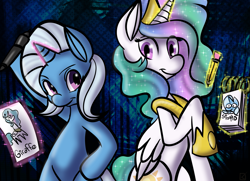 Size: 1925x1393 | Tagged: safe, artist:fauxsquared, princess celestia, trixie, alicorn, pony, doodle, levitation, magic, pencil