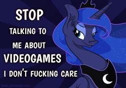 Size: 1607x1116 | Tagged: safe, artist:faikie, princess luna, alicorn, pony, anti-gamer luna, bedroom eyes, gamer luna, large ears, looking at you, mouthpiece, op is a cuck, op is trying to start shit, smiling, smirk, solo, video game, vulgar