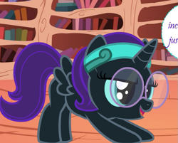 Size: 609x489 | Tagged: safe, artist:facelessjr, oc, oc only, oc:nyx, alicorn, pony, alicorn oc, ask nyx now, cropped, glasses, golden oaks library, headband, iwtcird, meme, solo