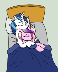 Size: 1065x1312 | Tagged: safe, artist:dragonblood6400, princess cadance, shining armor, alicorn, pony, unicorn, bed, blanket, cuddling, female, hug, hug from behind, male, pillow, shiningcadance, shipping, sleeping, spooning, straight