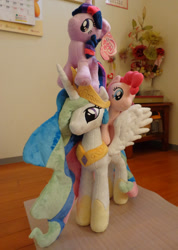 Size: 1000x1406 | Tagged: safe, artist:whitedove-creations, pinkie pie, princess celestia, twilight sparkle, 4de, irl, photo, plushie, ponies riding ponies, toy