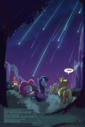 Size: 720x1080 | Tagged: safe, artist:tswt, derpibooru import, applejack, fluttershy, pinkie pie, twilight sparkle, earth pony, pegasus, pony, unicorn, comic:friendship update, canterlot, comic, female, mare, meteor shower, night, outdoors, rear view, shooting star, shooting stars, stargazing