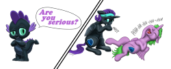 Size: 3173x1296 | Tagged: safe, artist:vasillium, spike, oc, oc:nox (rule 63), oc:nyx, alicorn, dragon, pony, accessories, adorable face, adorkable, alicorn oc, brother, brother and sister, clothes, colt, cute, cutie mark, dork, eyes open, family, female, filly, happy, headband, horn, laughing, male, moon, nostrils, open mouth, palette swap, prince, question, question mark, r63 paradox, recolor, royalty, rule 63, self paradox, self ponidox, shield, siblings, simple background, sister, smiling, speech bubble, standing, symbol, talking, teeth, text, transparent background, wall of tags, wings
