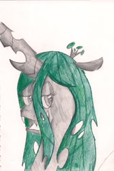 Size: 1134x1695 | Tagged: safe, artist:themaskedsoda, queen chrysalis, changeling, changeling queen, female, green eyes, horn, solo