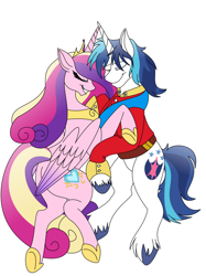 Size: 900x1206 | Tagged: safe, artist:100yearslater, princess cadance, shining armor, alicorn, pony, unicorn, clothes, cutie mark, duo, eyes closed, female, horn, hug, jewelry, male, regalia, simple background, smiling, uniform, white background, wings