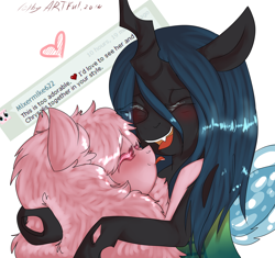 Size: 4403x4133 | Tagged: safe, artist:yukomaussi, queen chrysalis, oc, oc:fluffle puff, changeling, changeling queen, absurd resolution, blushing, canon x oc, chrysipuff, female, laughing, lesbian, shipping