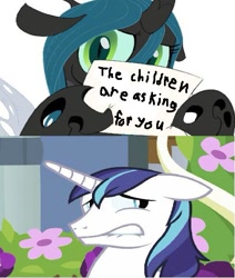 Size: 493x581 | Tagged: safe, queen chrysalis, shining armor, changeling, changeling queen, pony, unicorn, adultery, child support, chrysalis' note, deadbeat, exploitable, infidelity, infidelity armor, shining chrysalis, shipping, sign