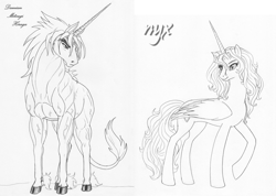 Size: 1751x1250 | Tagged: safe, artist:leovictor, oc, oc only, oc:damian mitsugi hiraga, oc:nyx, alicorn, hybrid, pony, unicorn, alicorn oc, female, male, monochrome, muscles, oc x oc, older, shipping, simple background, straight, unshorn fetlocks, vein, vein bulge, white background