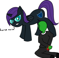 Size: 2334x2279 | Tagged: safe, artist:poniidesu, oc, oc only, oc:anon, oc:nyx, alicorn, human, pony, /mlp/, alicorn oc, cuffs, descriptive noise, drawthread, duo, female, filly, handcuffed, horse noises, ponified, simple background, transparent background