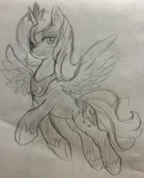 Size: 741x915 | Tagged: safe, artist:wonton soup, princess luna, alicorn, pony, grayscale, monochrome, pixiv, s1 luna, solo, traditional art