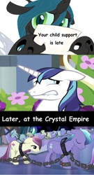 Size: 490x906 | Tagged: safe, queen chrysalis, shining armor, changeling, changeling queen, earth pony, pony, unicorn, adultery, child support, chrysalis' note, comic, comic sans, deadbeat, exploitable, female, infidelity, infidelity armor, male, mare, parody, shining, sign, slavery, stallion