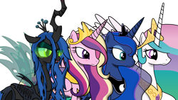 Size: 2560x1440 | Tagged: safe, artist:christiancerda, princess cadance, princess celestia, princess luna, queen chrysalis, alicorn, changeling, changeling queen, pony, alien (franchise), simple background, xenomorph