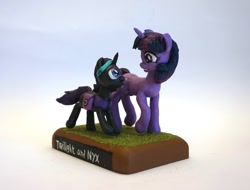 Size: 995x758 | Tagged: safe, artist:ubrosis, twilight sparkle, unicorn twilight, oc, oc:nyx, alicorn, pony, unicorn, bag, clothes, craft, female, filly, glasses, mare, saddle bag, sculpture, vest