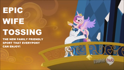 Size: 1920x1080 | Tagged: safe, screencap, princess cadance, shining armor, alicorn, pony, unicorn, spoiler:s03, all new, epic wife tossing, fastball special, hub logo, text