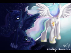 Size: 1800x1350 | Tagged: safe, artist:prismnight, princess celestia, princess luna, alicorn, pony, angry, back, dark, duality