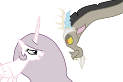 Size: 1095x730 | Tagged: safe, artist:luuandherdraws, discord, princess celestia, alicorn, draconequus, pony, female, grin, looking at each other, male, mare, princess molestia, simple background, smiling, transparent background