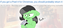 Size: 1477x669 | Tagged: safe, anonymous artist, artist:anonymous, oc, oc only, oc:anon filly, pony, angry, box, christmas, dissapoint, female, filly, filly anon is not amused, floppy ears, fuck, google, google pixel, holiday, hoof hold, phone, solo, text, this will not end well, unamused, vulgar