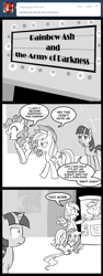 Size: 600x1600 | Tagged: safe, artist:madmax, derpibooru import, applejack, fluttershy, pinkie pie, rainbow dash, twilight sparkle, earth pony, pegasus, pony, unicorn, army of darkness, comic, dragging, female, madmax silly comic shop, mare, monochrome, movie, pronking