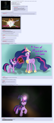 Size: 1383x3125 | Tagged: safe, artist:nitei, artist:sonicrainboom93, screencap, princess twilight 2.0, twilight sparkle, twilight sparkle (alicorn), unicorn twilight, oc, oc:nyx, alicorn, pony, unicorn, fanfic:past sins, magical mystery cure, the last problem, spoiler:s09, /mlp/, 4chan, alicorn drama, alicorn oc, bag, blue background, book of harmony, crown, drama, duality, end of ponies, glowing horn, gman, half-life, half-life: alyx, horn, jewelry, magic, mlp fim's ninth anniversary, regalia, saddle bag, self ponidox, simple background, smiling, spoilers for another series, time paradox, unforeseen consequences, wings
