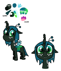 Size: 600x700 | Tagged: safe, artist:syggie, queen chrysalis, changeling, changeling queen, nymph, ask the changeling princess, crown, cute, cutealis, eyelid, fangs, female, filly, filly queen chrysalis, foal, freckles, jewelry, looking at you, mouth, reference sheet, regalia, simple background, small wings, smiling, smiling at you, solo, text, white background, wings, younger