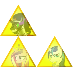 Size: 903x896 | Tagged: safe, king sombra, princess cadance, shining armor, alicorn, pony, unicorn, the crystal empire, 4chan, newbs can't triforce, the legend of zelda, triforce