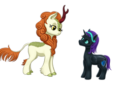 Size: 1600x1200 | Tagged: safe, artist:vasillium, autumn blaze, oc, oc:nyx, alicorn, kirin, pony, accessories, alicorn oc, cutie mark, ears up, eyelashes, female, filly, headband, horn, looking at each other, mare, moon, nostrils, poker face, shield, simple background, staring contest, transparent background, wings