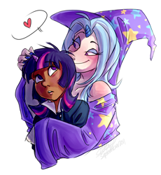 Size: 800x870 | Tagged: safe, artist:zobobafoozle, derpibooru import, trixie, twilight sparkle, human, dark skin, female, horned humanization, hug, humanized, lesbian, shipping, simple background, twixie, white background