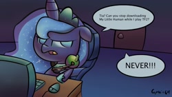 Size: 1920x1080 | Tagged: safe, artist:captain64, princess celestia, princess luna, alicorn, pony, computer, dialogue, door, gamer luna, humie, solo