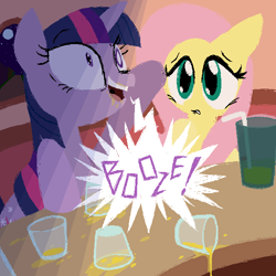 Size: 600x600 | Tagged: safe, artist:frostedwarlock, derpibooru import, fluttershy, twilight sparkle, pegasus, pony, unicorn, alcohol, drunk, drunk twilight, female, glass, mare, night