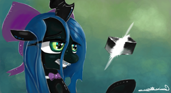 Size: 4394x2400 | Tagged: safe, artist:auroriia, queen chrysalis, changeling, changeling queen, bowtie, braces, solo