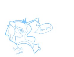 Size: 1280x996 | Tagged: safe, artist:darkflame75, princess luna, alicorn, pony, bow, lunadoodle, monochrome, oh you, pun, solo