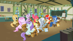 Size: 1366x768 | Tagged: safe, screencap, apple bloom, archer (character), diamond tiara, liza doolots, noi, petunia, piña colada, princess celestia, scootablue, silver spoon, sun glimmer, tootsie flute, twist, alicorn, pony, call of the cutie, classroom, glasses, piña cutelada, ponyville schoolhouse