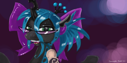 Size: 4160x2080 | Tagged: safe, artist:auroriia, queen chrysalis, changeling, changeling queen, bow, braces, flower, glasses, solo