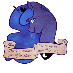 Size: 1000x1000 | Tagged: safe, artist:dojorkan, artist:srahitai, princess luna, alicorn, pony, fangs, looking at you, motivational, mouthpiece, old banner, positive ponies, solo