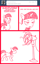 Size: 700x1100 | Tagged: safe, artist:madmax, derpibooru import, twilight sparkle, pony, unicorn, boasting, comic, fan, female, frown, glare, madmax silly comic shop, mare, monochrome, open mouth, pun, raised eyebrow, raised hoof, solo