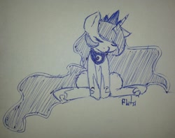 Size: 1280x1015 | Tagged: safe, artist:pluto manson, princess luna, alicorn, pony, doodle, monochrome, sitting, solo, traditional art