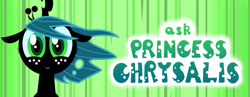 Size: 873x337 | Tagged: safe, artist:syggie, queen chrysalis, changeling, changeling queen, nymph, ask, ask the changeling princess, banner, bust, crown, cute, cutealis, female, filly, filly queen chrysalis, foal, freckles, jewelry, looking at you, princess chrysalis, regalia, smiling, smiling at you, solo, text, tumblr, younger