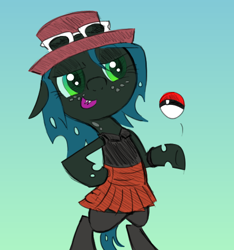 Size: 467x500 | Tagged: safe, artist:starwingcorona, artist:syggie, queen chrysalis, changeling, changeling queen, nymph, ask the changeling princess, bipedal, cute, cutealis, fangs, female, filly, filly queen chrysalis, foal, freckles, gradient background, hat, open mouth, pokéball, pokémon, pokémon x and y, serena (pokemon), smiling, solo, sunglasses, younger