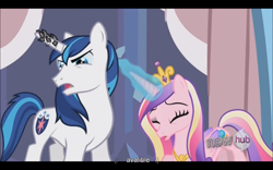 Size: 1024x640 | Tagged: safe, screencap, princess cadance, shining armor, alicorn, pony, unicorn, the crystal empire, horn crystals, youtube caption