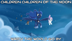 Size: 1280x720 | Tagged: safe, artist:duo cartoonist, screencap, baby moondancer, princess luna, oc, oc:candlelight, oc:gari, oc:night light, oc:nightshade, oc:spirit, oc:springsign, oc:tingle, oc:wind whisper, alicorn, pony, children of the moon, children of the night, flying, kids, lyrics, song reference, the alan parsons project