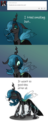 Size: 1000x2496 | Tagged: safe, artist:jokerpony, queen chrysalis, changeling, changeling queen, ask teen chrysalis, cigarette, cigarette holder, clothes, comic, dress, smoking, solo, trypophobia, tumblr