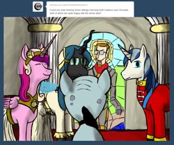 Size: 1074x900 | Tagged: safe, artist:thebathwaterhero, mr. waddle, princess cadance, queen chrysalis, shining armor, alicorn, changeling, changeling queen, pony, unicorn, chrysarmordance, clothes, dress, female, gordon freeman, half-life, lesbian, marriage, polyamory, polygamy, shining armor gets all the mares, shipping, smiling, stained glass, tumblr, wedding, wedding dress