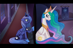 Size: 4255x2845 | Tagged: dead source, safe, artist:elenalone, artist:murraysnow, princess celestia, princess luna, alicorn, pony, do you want to build a snowman, frozen (movie), s1 luna, younger